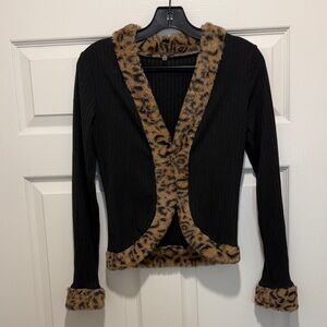 Black Sweater with Leopard Furry Trim